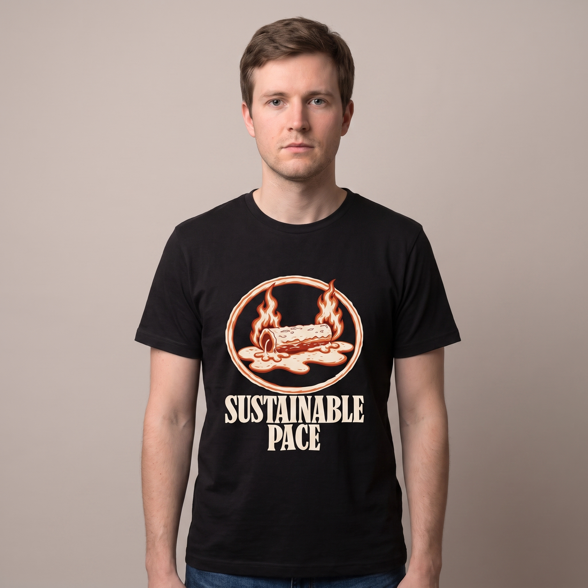 Sustainable Pace tee worn front view, black unisex tee, burning log melting into a puddle in an oval frame