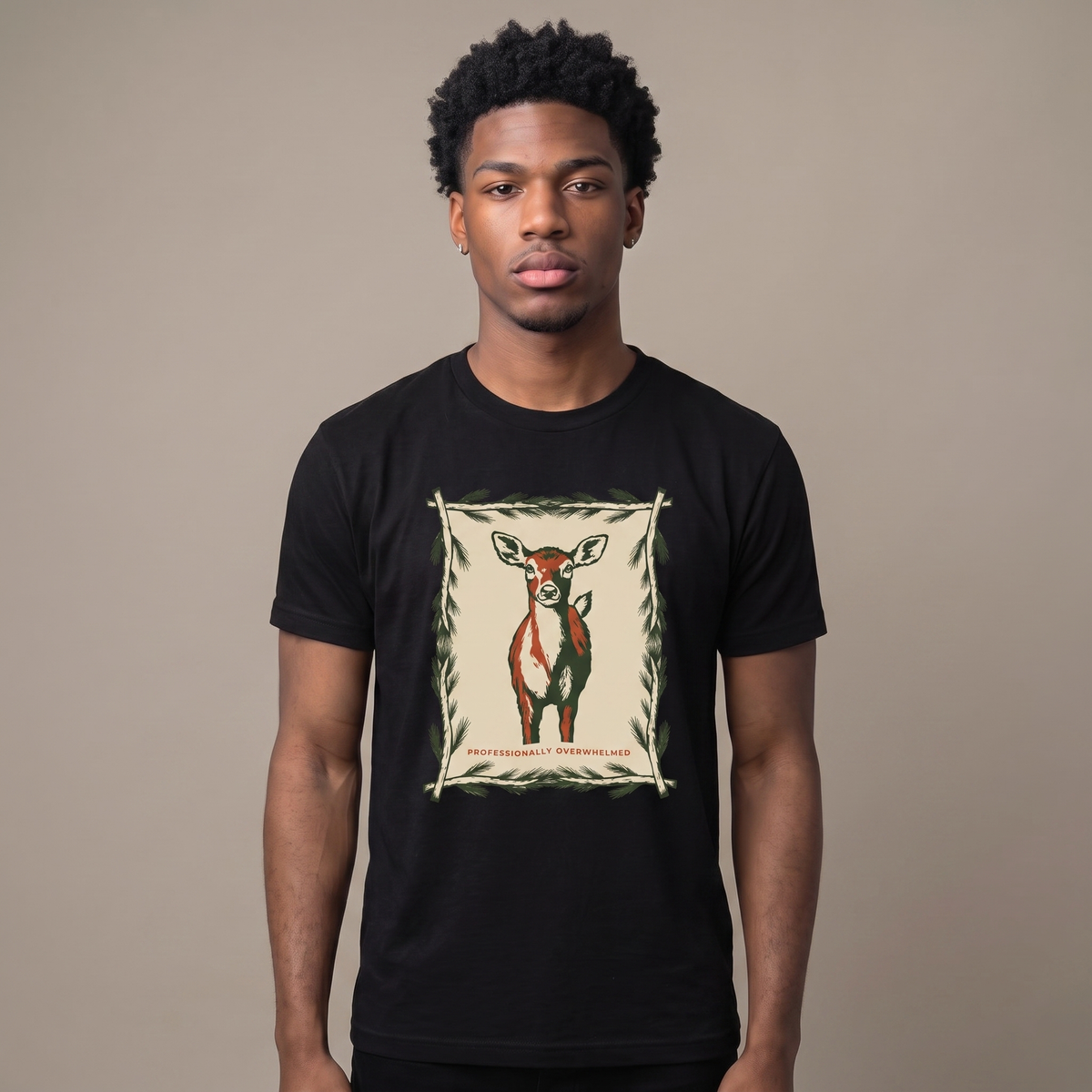 Professionally Overwhelmed tee worn front view, black unisex tee, wide-eyed deer in a botanical frame