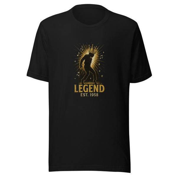 Vintage halftone music legend silhouette with crown, LEGEND EST. 1958 text, on black tee