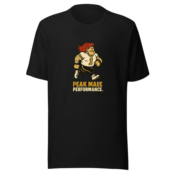 Cartoon red-mullet lineman mid-stride, PEAK MALE PERFORMANCE text below, on black tee