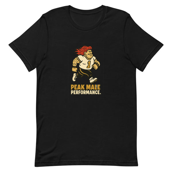 Cartoon red-mullet lineman mid-stride, PEAK MALE PERFORMANCE text below, on black tee