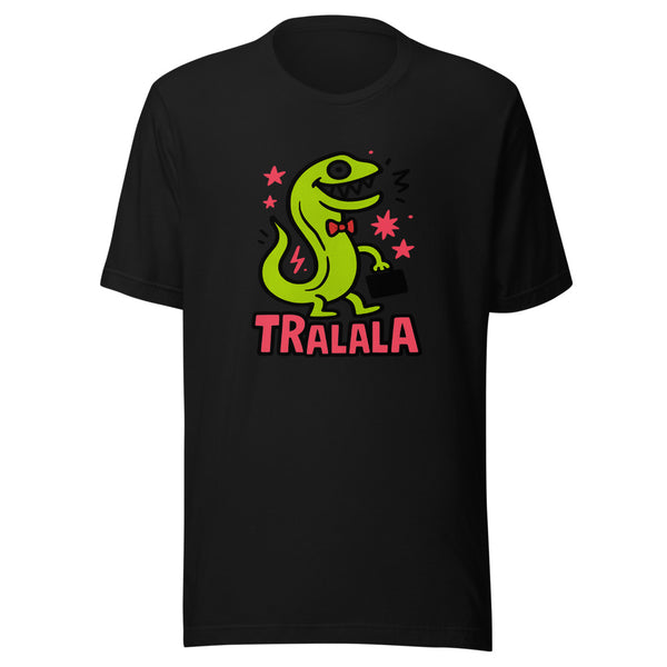 Surreal eel-in-tuxedo italian brainrot meme graphic on black t-shirt
