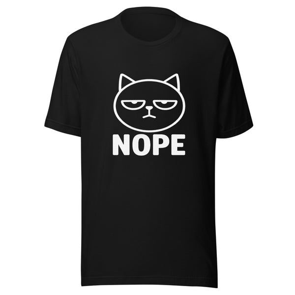 Minimalist deadpan cat face triangle ears bold NOPE text on black t-shirt