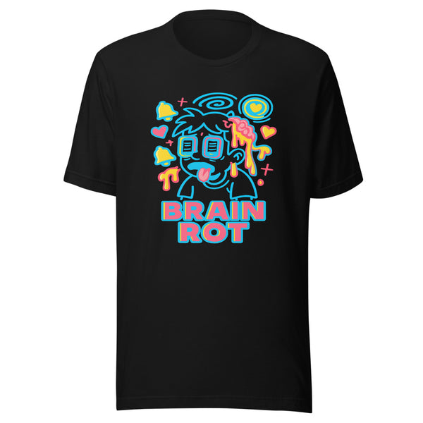 Glazed-eye cartoon character surrounded by notification bells and a dopamine vortex with BRAIN ROT in bold letters on a black t-shirt