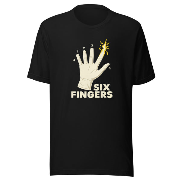 Deadpan illustration of an elegant opera glove with six numbered fingers and the words SIX FINGERS in bold block letters on a black t-shirt