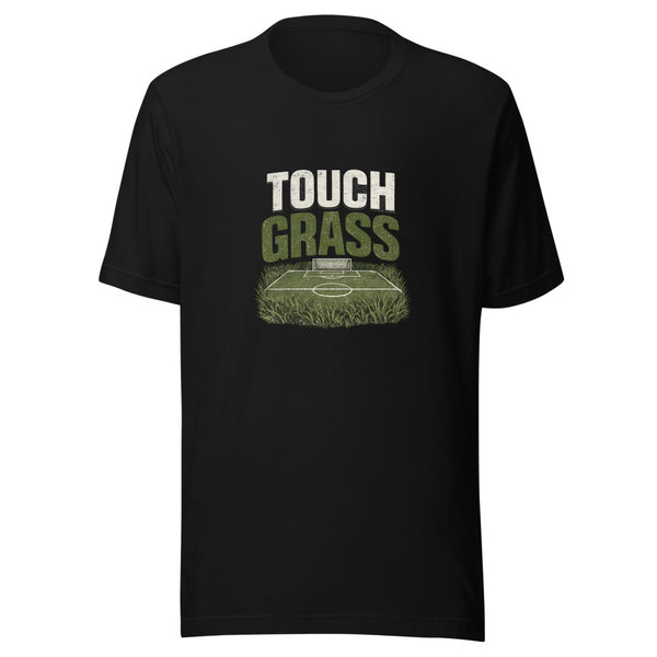 Touch Grass bold lettering above an illustrated soccer pitch, printed on a t-shirt