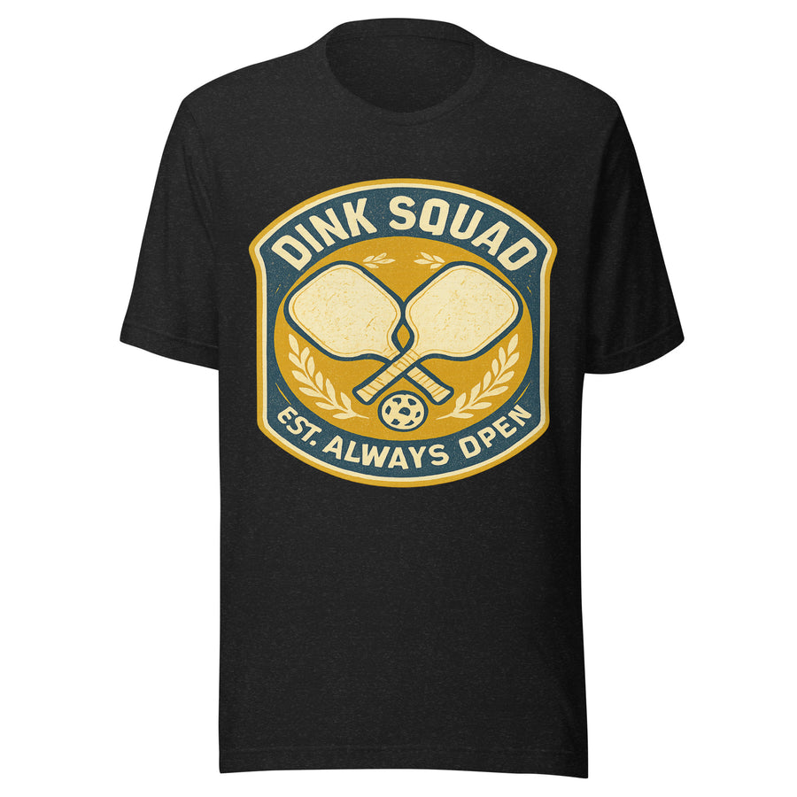 Dink Squad retro pickleball badge tee - black front