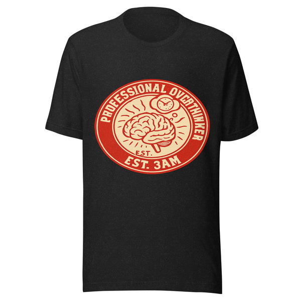 Professional Overthinker Club badge tee in black heather - front view
