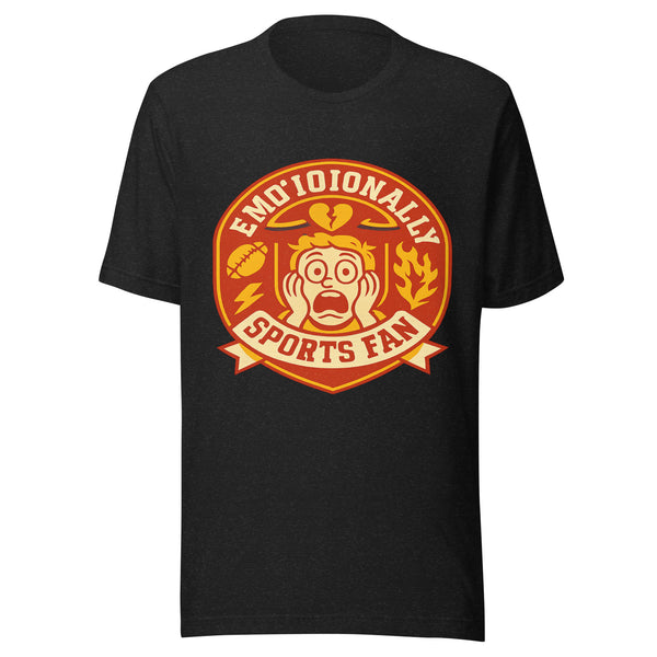 Emotionally Unwell Sports Fan badge tee on black heather shirt, front view