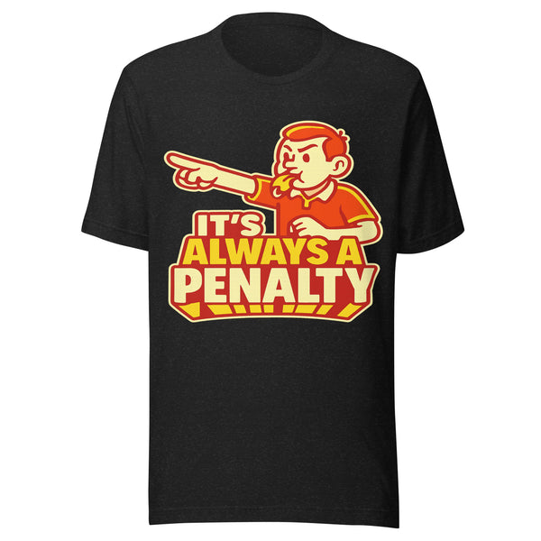 It's Always A Penalty funny soccer ref tee, front view in black