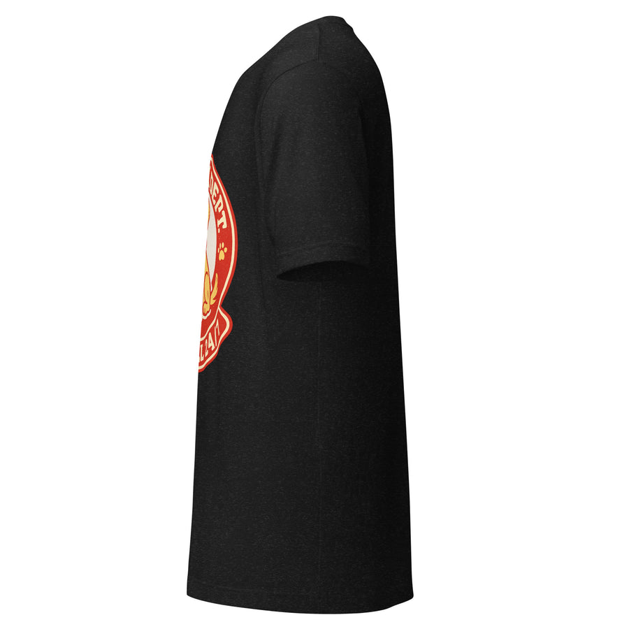 Dog Mom Department badge tee left side - black heather