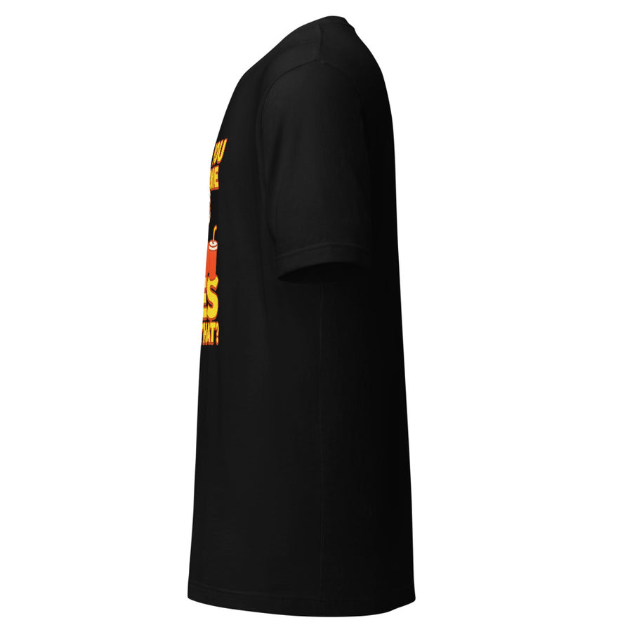 Cartoon fast-food server in paper hat holding a tray with the words WOULD YOU LIKE SOME LIES WITH THAT in bold order-board lettering on a black t-shirt
