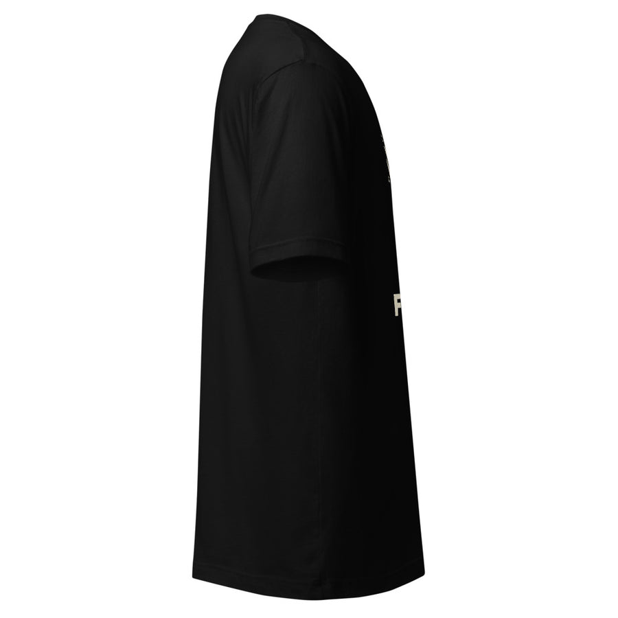 Deadpan illustration of an elegant opera glove with six numbered fingers and the words SIX FINGERS in bold block letters on a black t-shirt