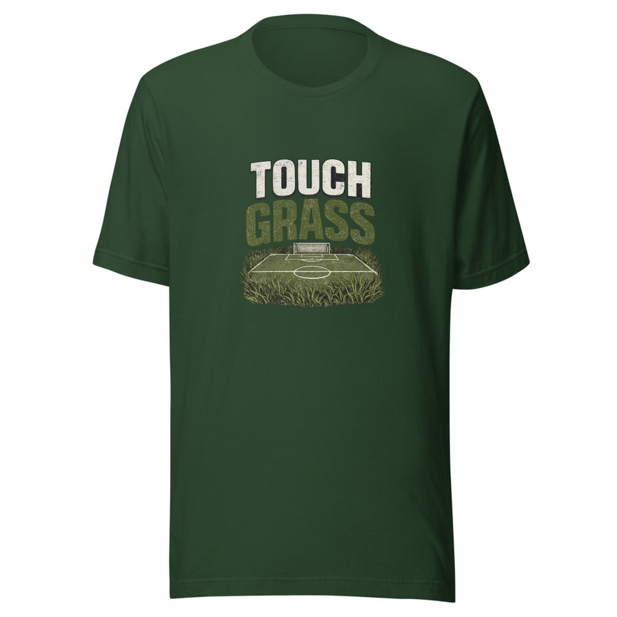 Touch Grass bold lettering above an illustrated soccer pitch, printed on a t-shirt