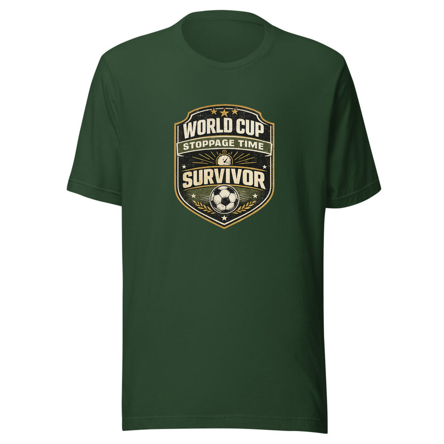 Vintage World Cup Stoppage Time Survivor badge with stopwatch and soccer ball, printed on a t-shirt