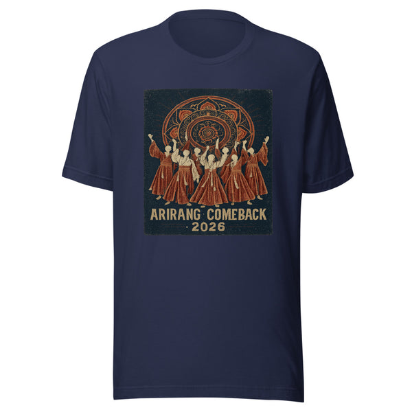 Vintage screen-print of seven hanbok-clad silhouettes with a Korean dancheong mandala, with the words Arirang Comeback 2026 on a navy t-shirt