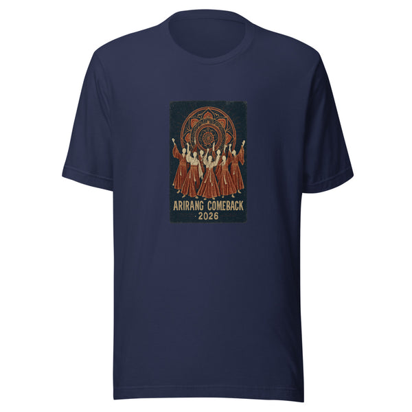 Vintage hanbok silhouettes with dancheong mandala, ARIRANG COMEBACK 2026 text, on navy tee