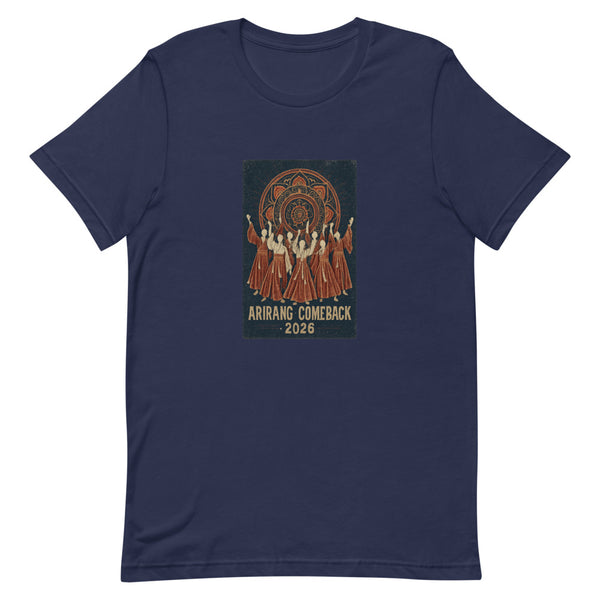 Vintage hanbok silhouettes with dancheong mandala, ARIRANG COMEBACK 2026 text, on navy tee