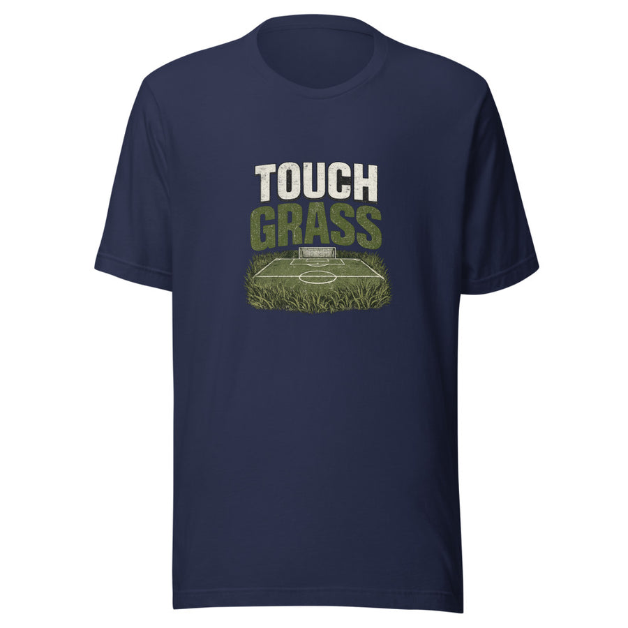 Touch Grass bold lettering above an illustrated soccer pitch, printed on a t-shirt