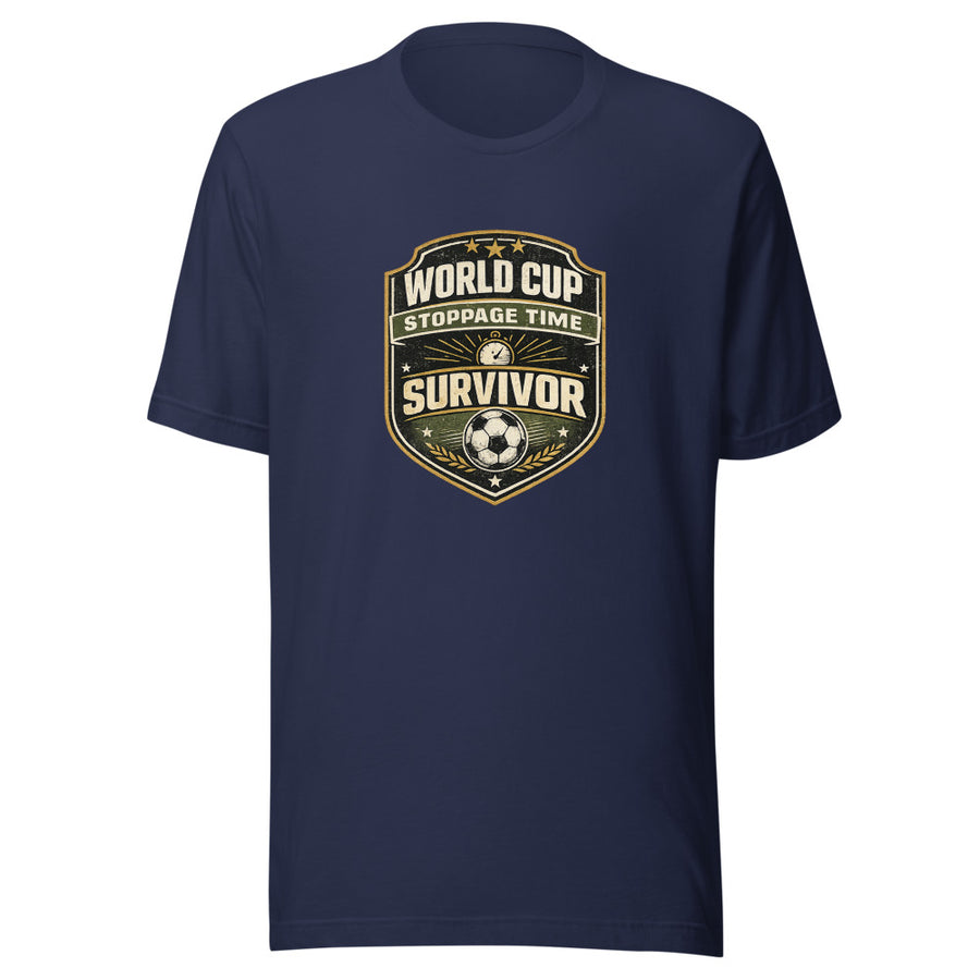 Vintage World Cup Stoppage Time Survivor badge with stopwatch and soccer ball, printed on a t-shirt