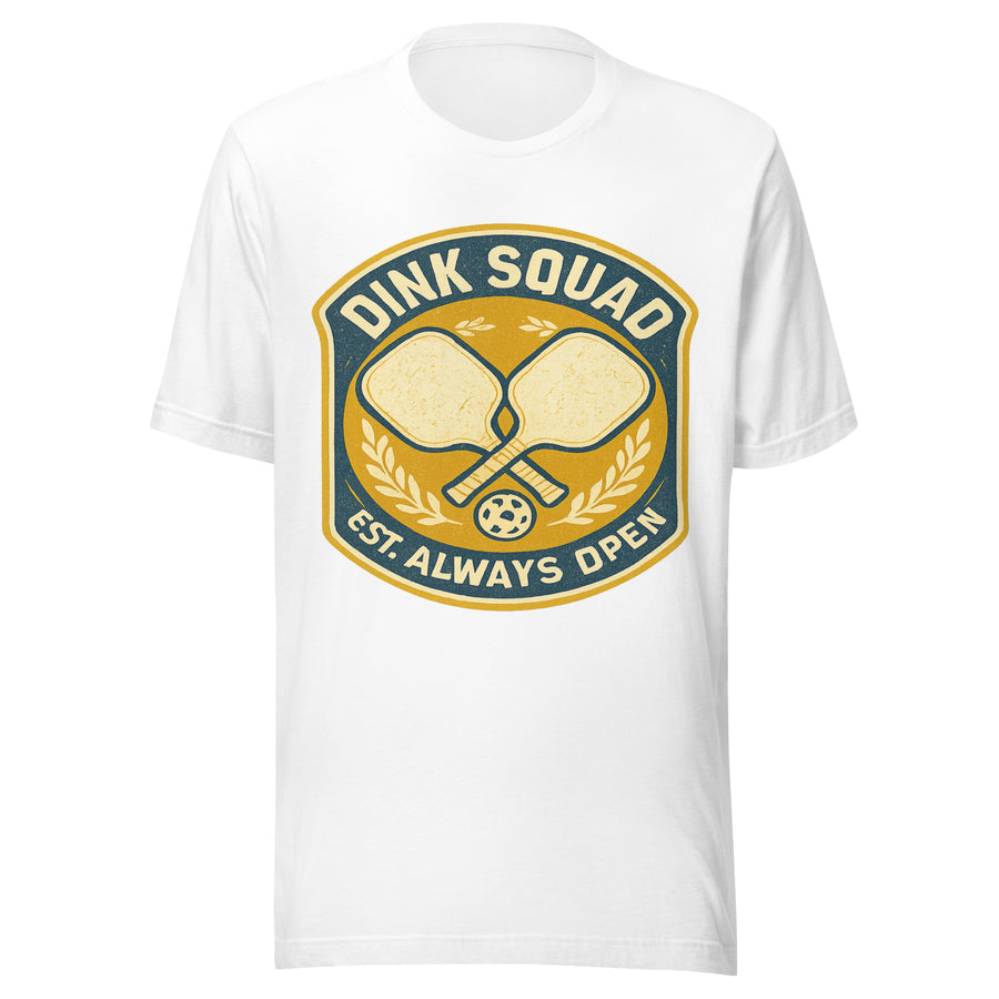 Dink Squad retro pickleball badge tee - white front
