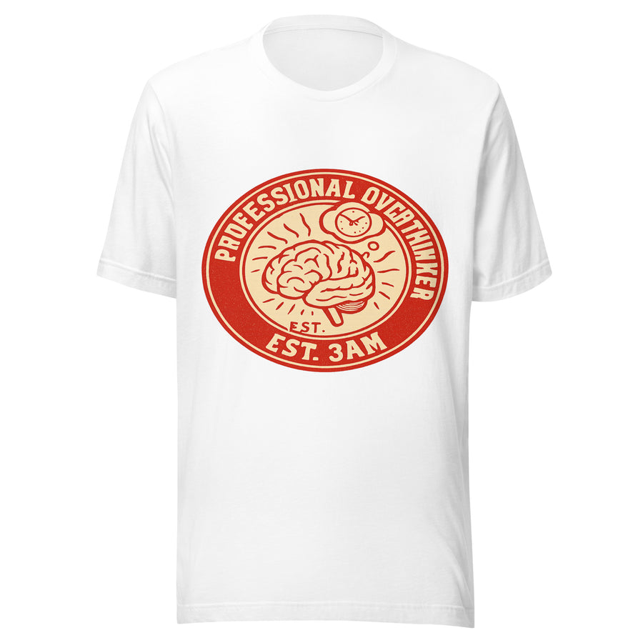 Professional Overthinker Club badge tee in white - front view