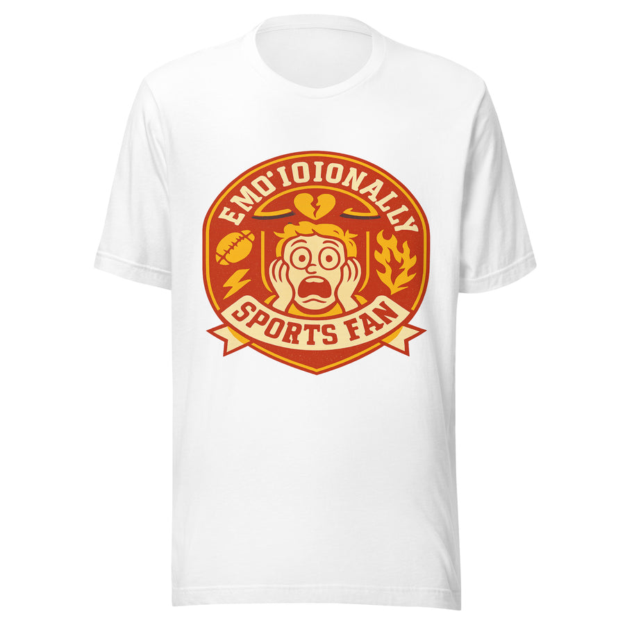 Emotionally Unwell Sports Fan badge tee on white shirt, front view