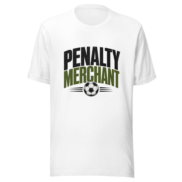 Penalty Merchant distressed soccer lettering above a football, printed on a t-shirt
