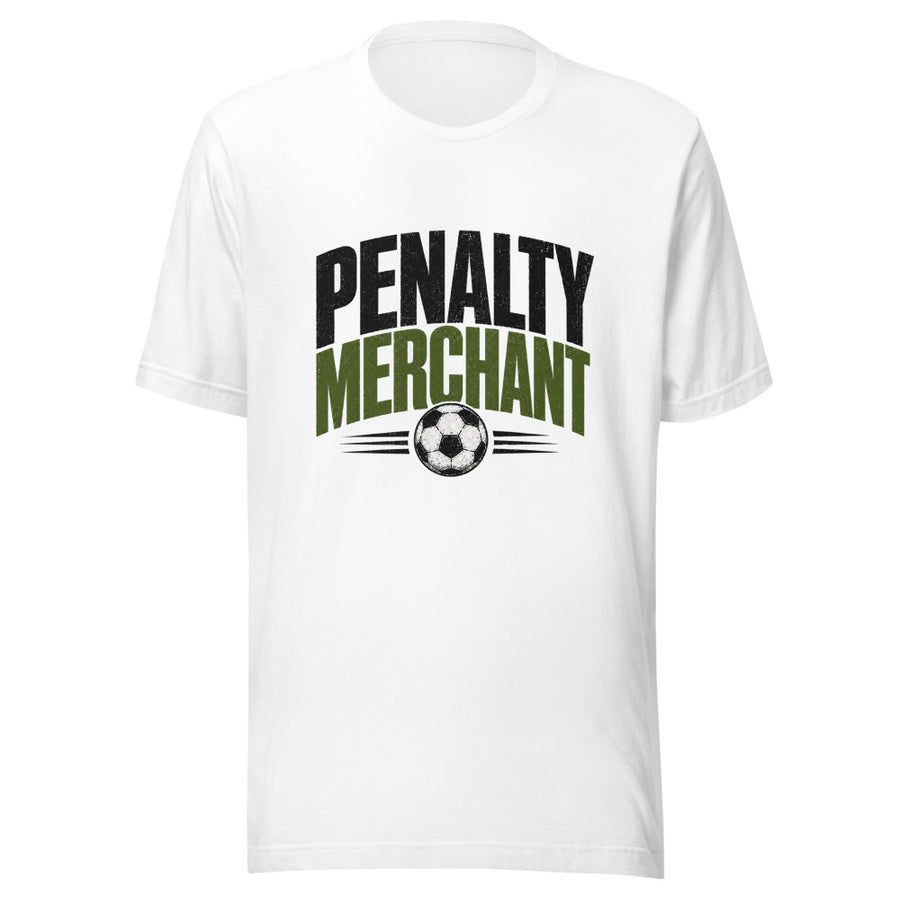 Penalty Merchant distressed soccer lettering above a football, printed on a t-shirt