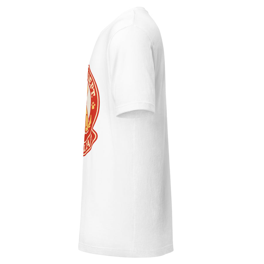 Dog Mom Department badge tee left side - white