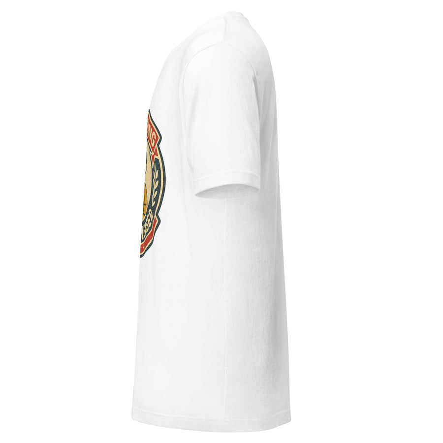 Recovering People Pleaser badge tee on white shirt, side view