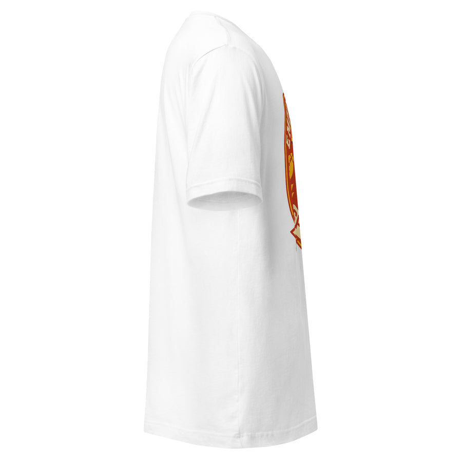 Emotionally Unwell Sports Fan badge tee on white shirt, right side